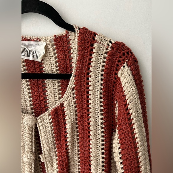Zara collection crochet knit long boho cardigan coat two tone striped - Picture 4 of 13